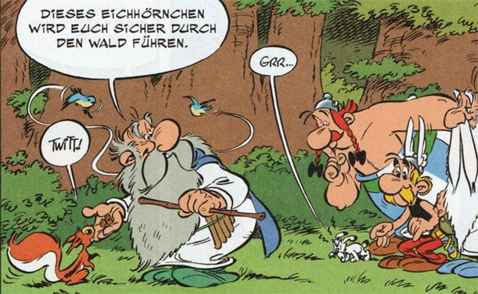 Ein alter Druide gibt einem Eichhörnchen Nüsse. Obelix und Asterix schauen zu. Der Druide sagt: "Dieses Eichhörnchen wird euch sicher durch den Wald führen."