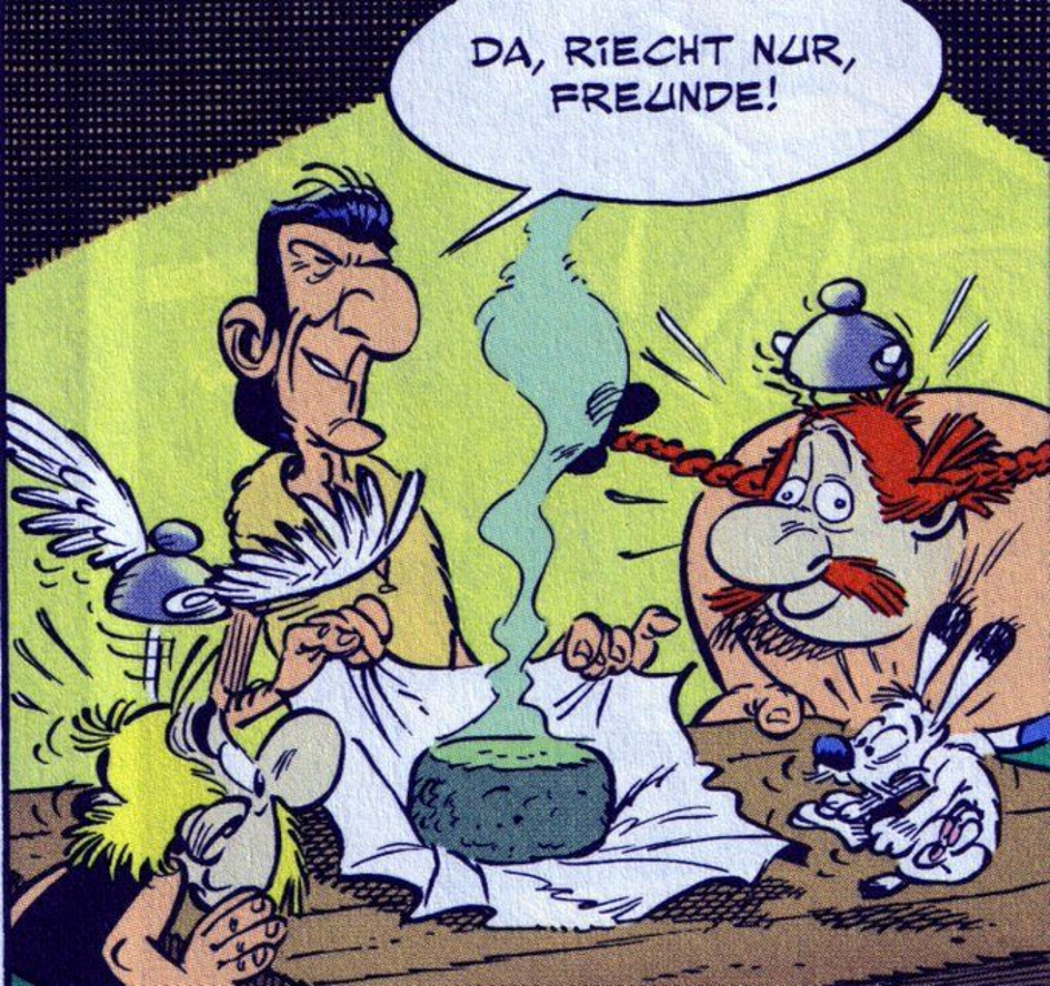 Hier versammeln sich Asterix, Obelix, Idefix und Osolemirnix, ein schmaler, dunkelhaariger Mann um einen runden Käse, der eindeutig seine ganz eigene „Persönlichkeit“ besitzt. Aus dem Käse steigt ein grünlicher Dampf empor – ein olfaktorischer Angriff, der buchstäblich in der Luft liegt. Der Korse, offenbar stolz auf sein „Meisterwerk“, ruft enthusiastisch: „Da, riecht nur, Freunde!“ Währenddessen verziehen Asterix und Obelix ihre Gesichter – Asterix erschrocken, Obelix beinahe paralysiert von dem Geruch. Idefix, der kleine Hund, liegt schon halb ohnmächtig mit verdrehten Augen am Tisch. Der fliegende Helm von Asterix deutet an, dass sogar er vom Duft erschüttert ist.