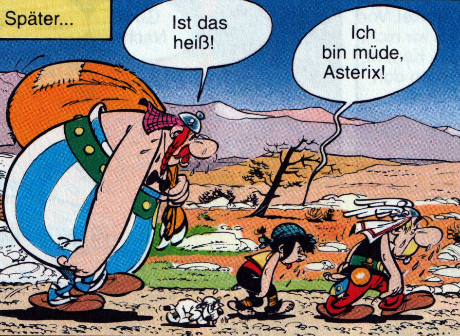 Die Landschaft ist trocken und felsig, die Sonne brennt gnadenlos vom Himmel. Asterix, Obelix und der kleine Pepe schleppen sich dahin. Obelix keucht: „Ist das heiß!“ Pepe stöhnt: „Ich bin müde, Asterix!“ Vorneweg trottet Asterix, der sich ein weißes Tuch um den Kopf gewickelt hat.