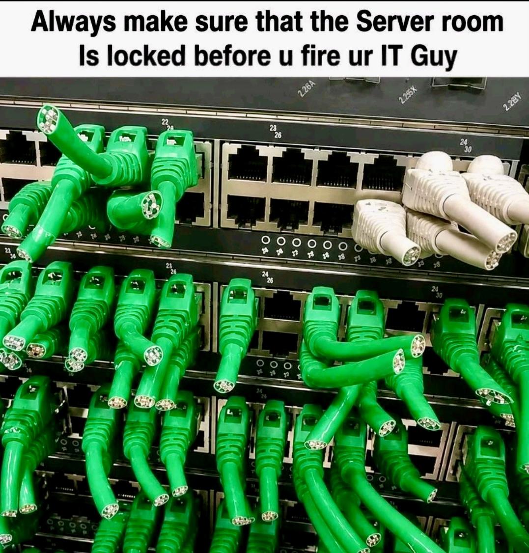 Netzwerk-Switch mit mehreren grünen und weißen Ethernet-Kabeln, deren Enden abgeschnitten sind.
Oberhalb des Patchpanels steht in schwarzer Schrift auf weißem Hintergrund: 'Always make sure that the Server room Is locked before u fire ur IT Guy'.