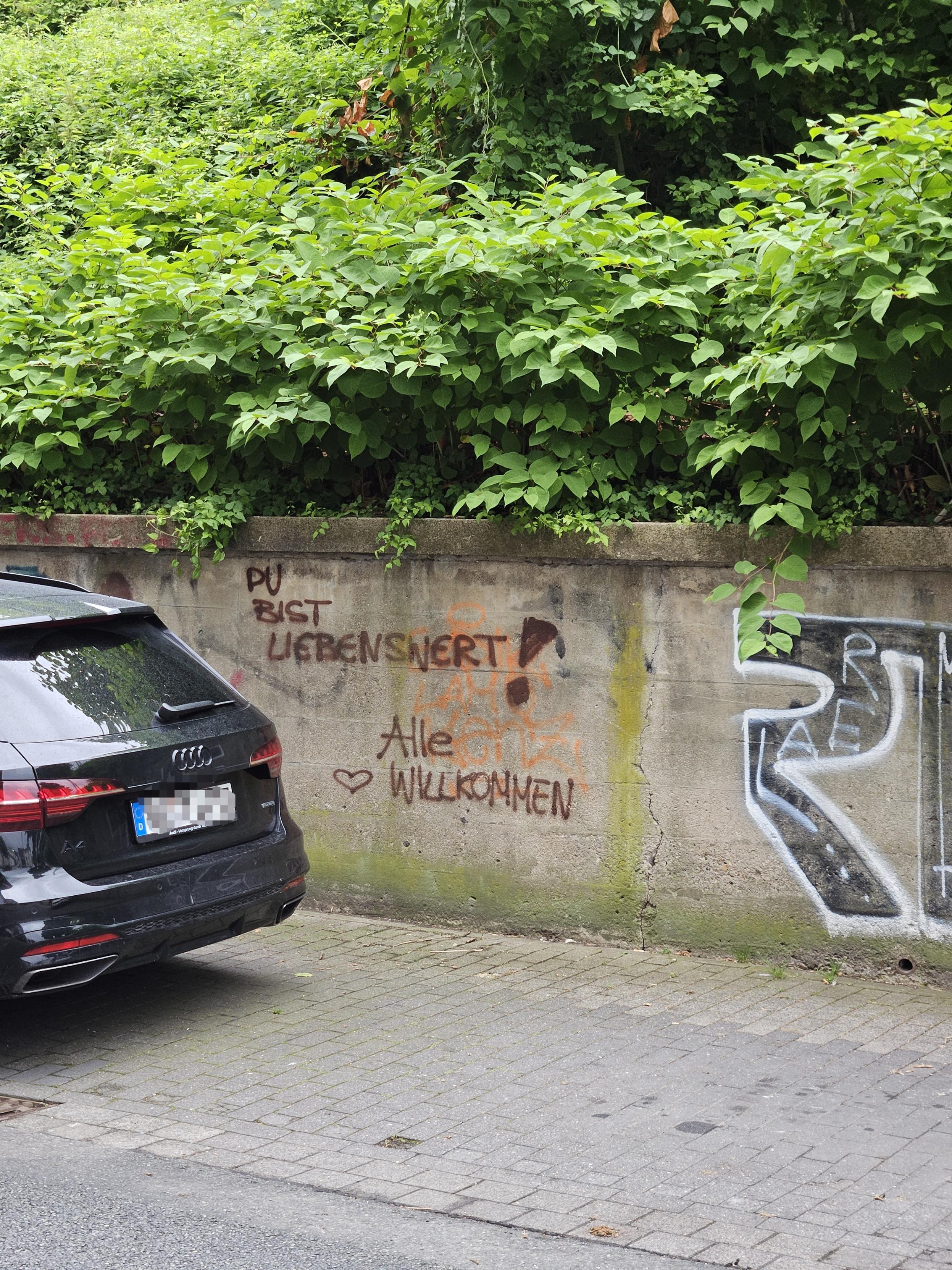Kleines Graffiti auf einer Mauer hinter einem parkenden Auto: "du bist liebenswert! Alle ❤️ willkommen