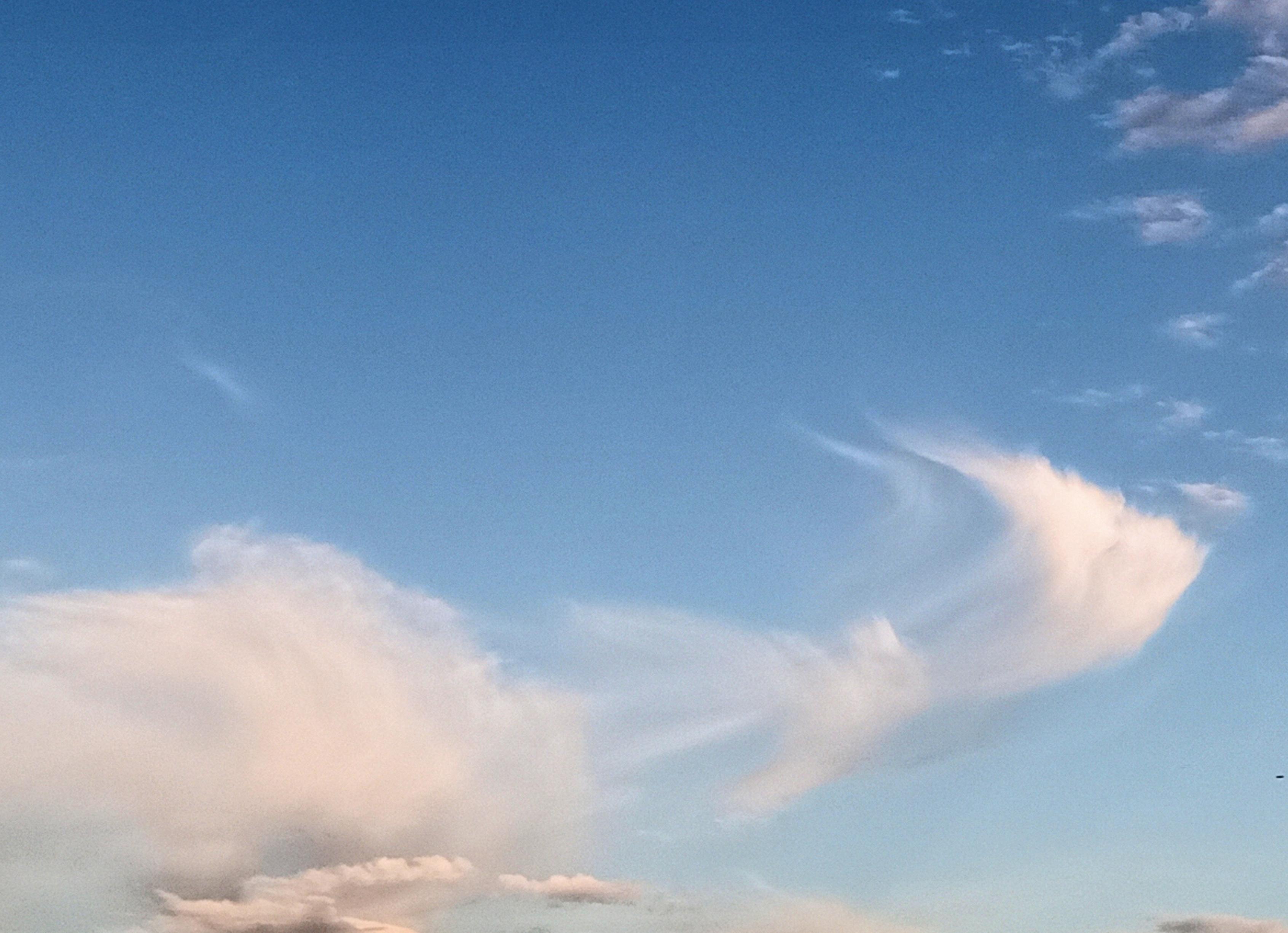 Blauer Himmel, zarte Wolken, eine sieht aus wie ein ausgefranstes Büschel
