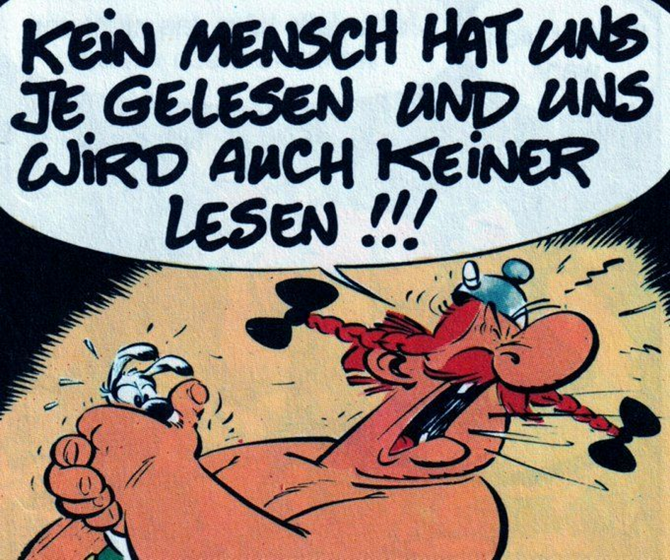 Obelix schreit diese Worte und hat dabei Idefix auf dem Arm.