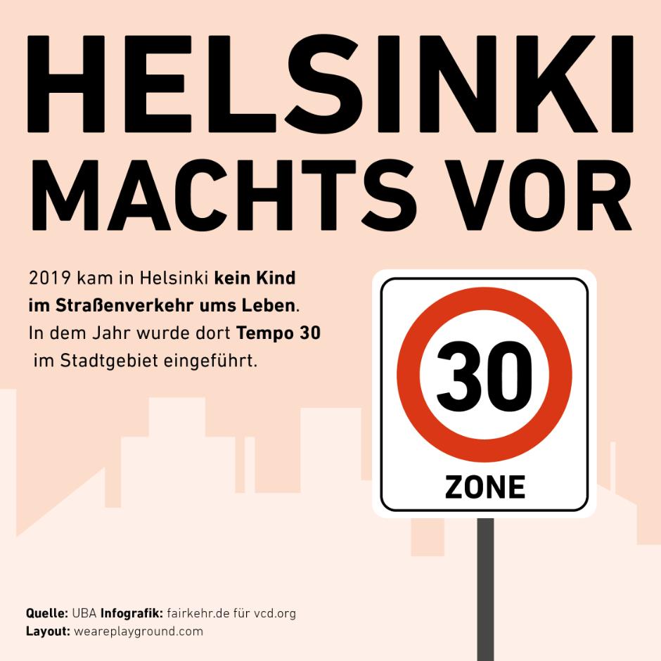 Infografik des vcd org:
"… 2019 kam in Helsinki kein Kind im Straßenverkehr ums Leben. In dem Jahr wurde dort Tempo 30 im Stadtgebiet eingeführt."