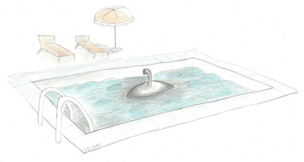 Bleistiftskizze mit etwas Buntstift. Ein Pool mit türkisblauem Wasser, hinter dem Pool zwei Liegen und ein Sonnenschirm. Aus dem Pool taucht eben ein U-Boot auf das Periskop ist ausgefahren.
