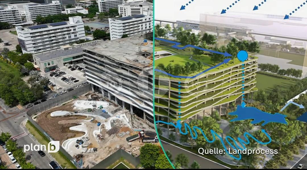 Screenshot eines Beitrags des ZDF zeigt ein zweigeteiltes Bild einer Hochhaussiedlung aus der Vogelperspektive. Links viel Beton mit ein paar Bäumen. Rechts ist auch das Gebäude mit viel Grün zugewachsen.
(Quelle: ZDF planb und Landprocess)