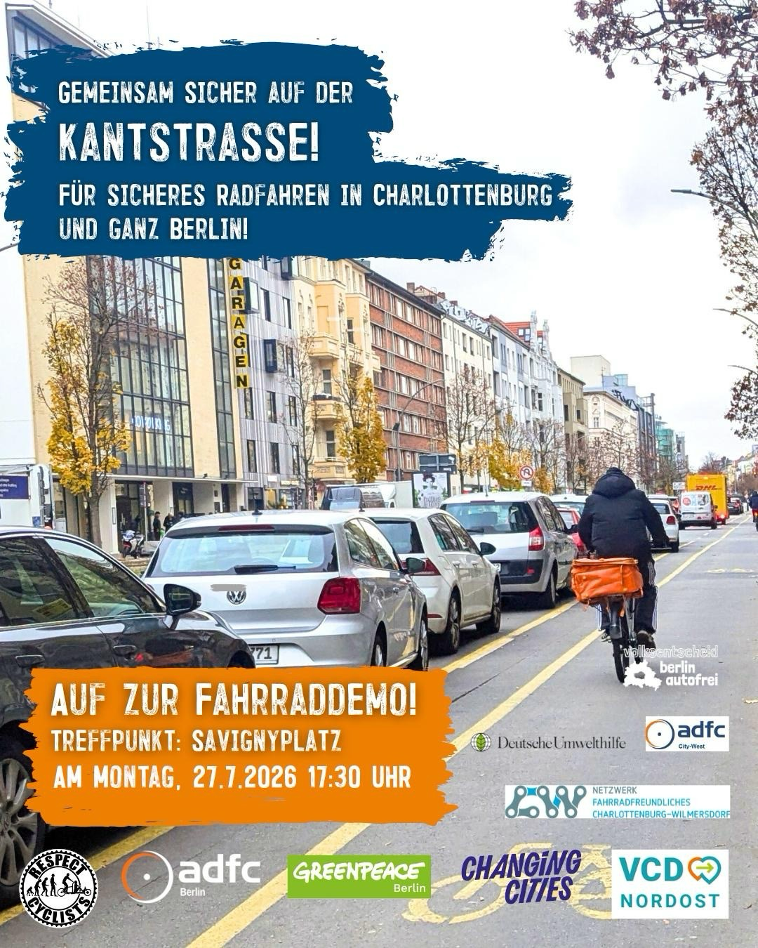 Sharepic zur Demo Kantstraße am 27.07.26 mit den Logos zahlreicher Verbände