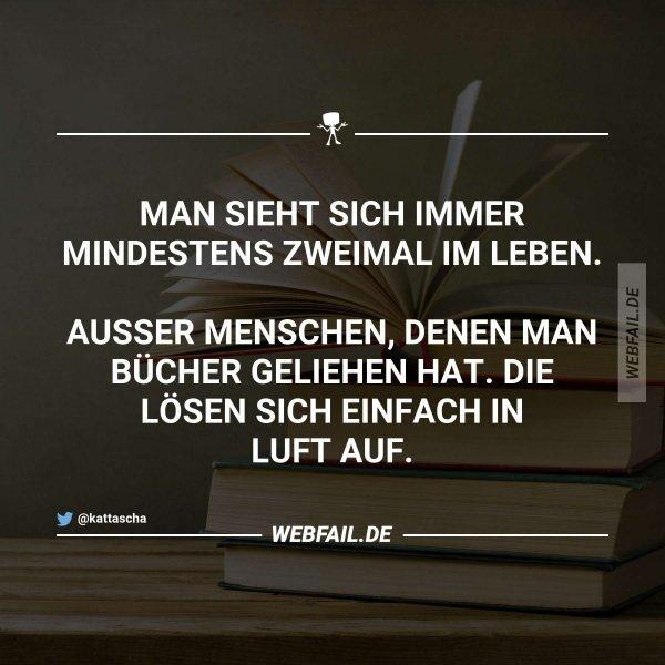 Das Bild zeigt einen Stapel Bücher mit einem aufgeschlagenen Buch obenauf. Darunter steht ein humorvoller Spruch über das Wiedersehen mit Menschen.
