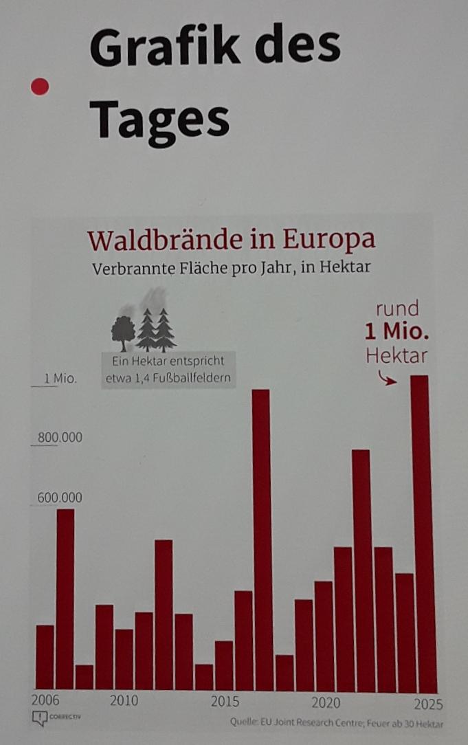 Diagramm über die Anzahl der durch Waldbrände betroffen Flächen in Europa von  2006 bis 2025