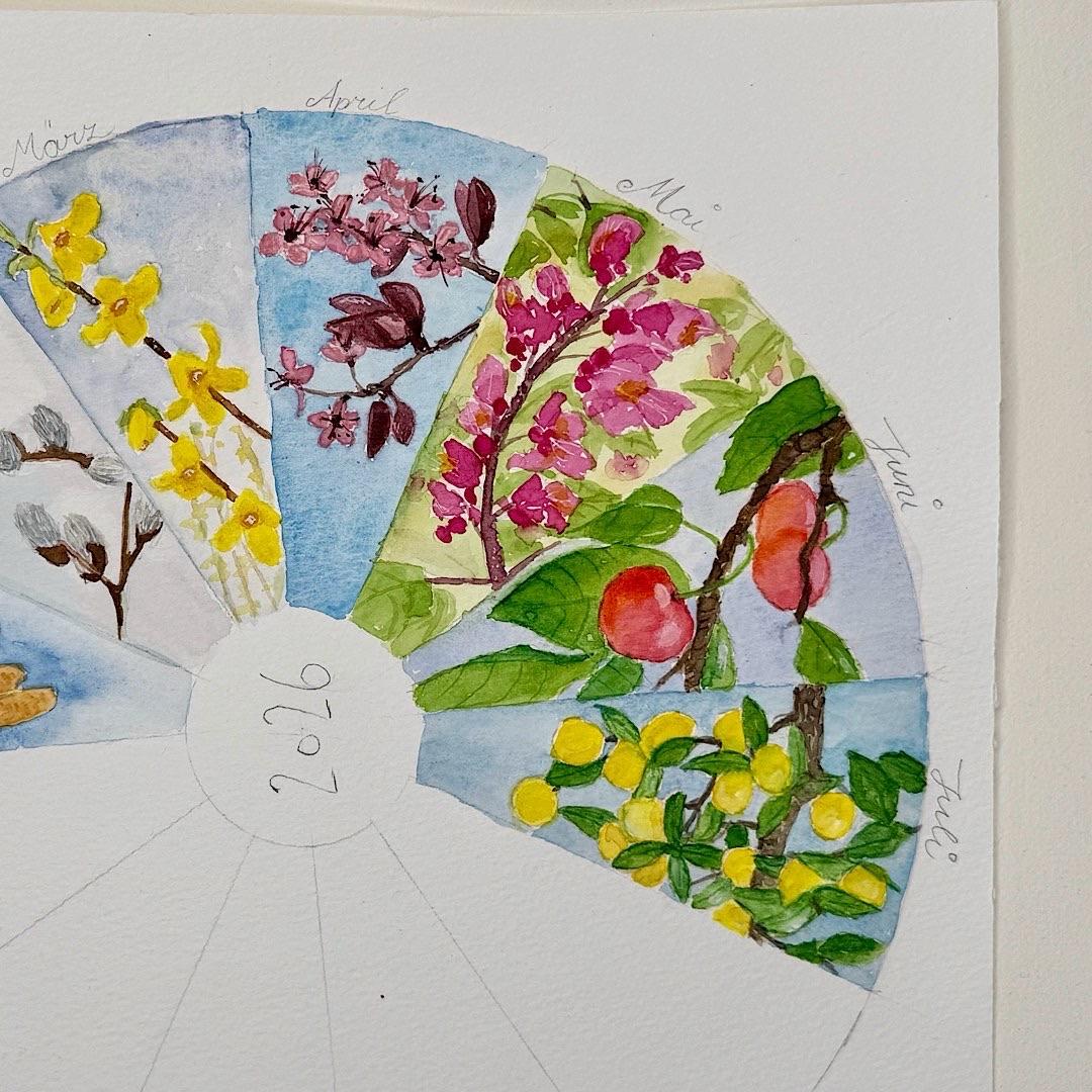 Verschiedene Zweige in den jeweiligen Monat, Haselblüte, Palmkätzchen, Forsythie, rosa Blüten, Kastanienblüten, Kirschen,  gelbe Pflaumen in einem Kreis. Mit Aquarell gemalt