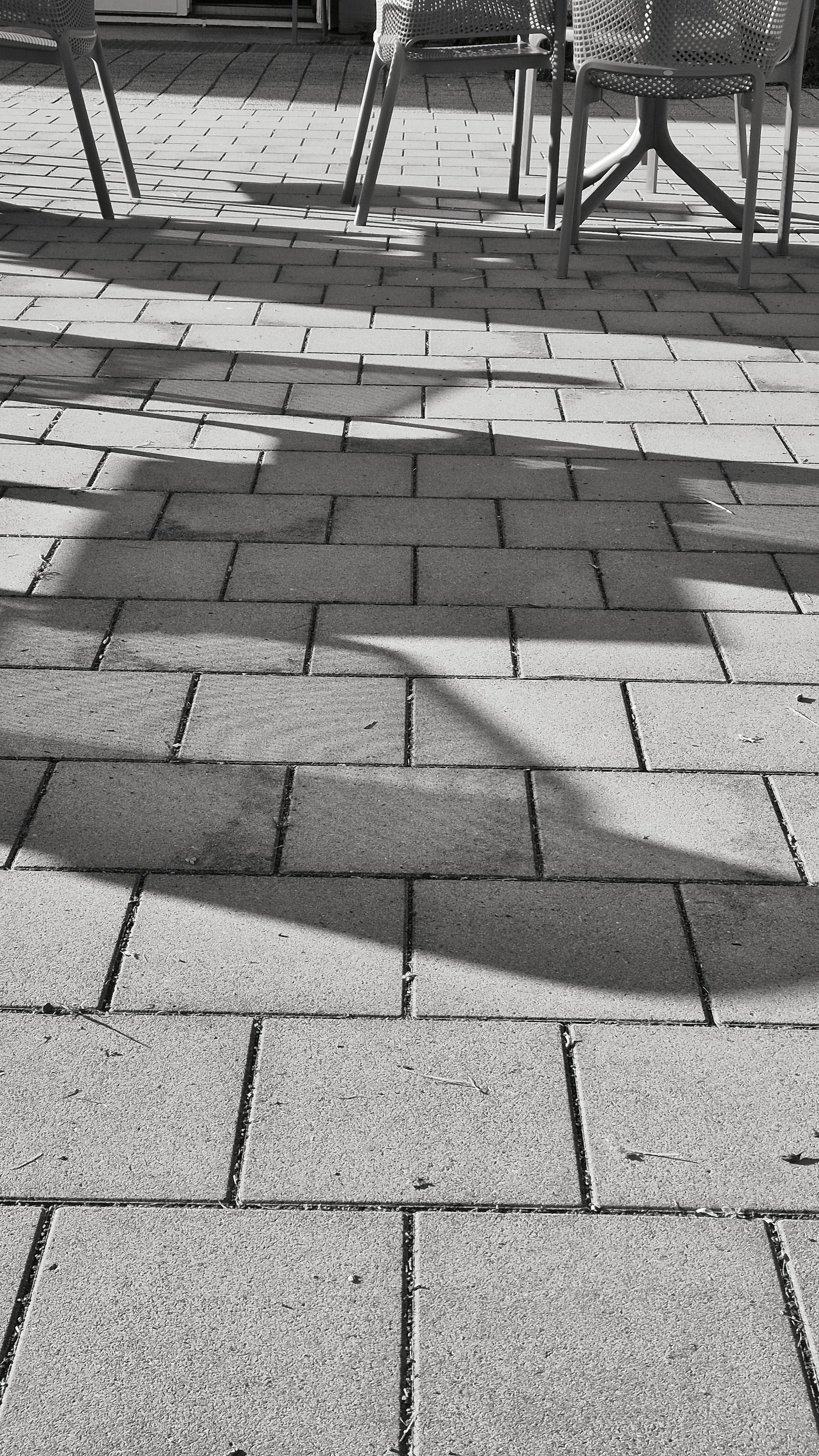 Die rechteckigee Schwarzweißfotografie in Hochformat zeigt eine gepflasterte Fläche aus quadratischen Steinplatten im Vordergrund. Im oberen Bildbereich sind die Beine von Metallgitterstühlen zu erkennen. Lange Schatten fallen diagonal über den Pflasterbelag, was auf tiefstehende Sonneneinstrahlung hindeutet. Die Komposition konzentriert sich auf das Muster der Steine und die geometrischen Formen der Schattengestalten.