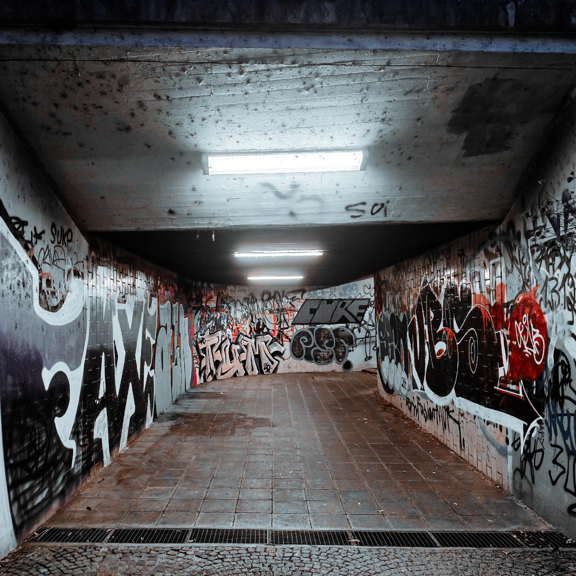 Eine schwach beleuchtete, mit unzähligen Graffiti beschmierte Unterführung.