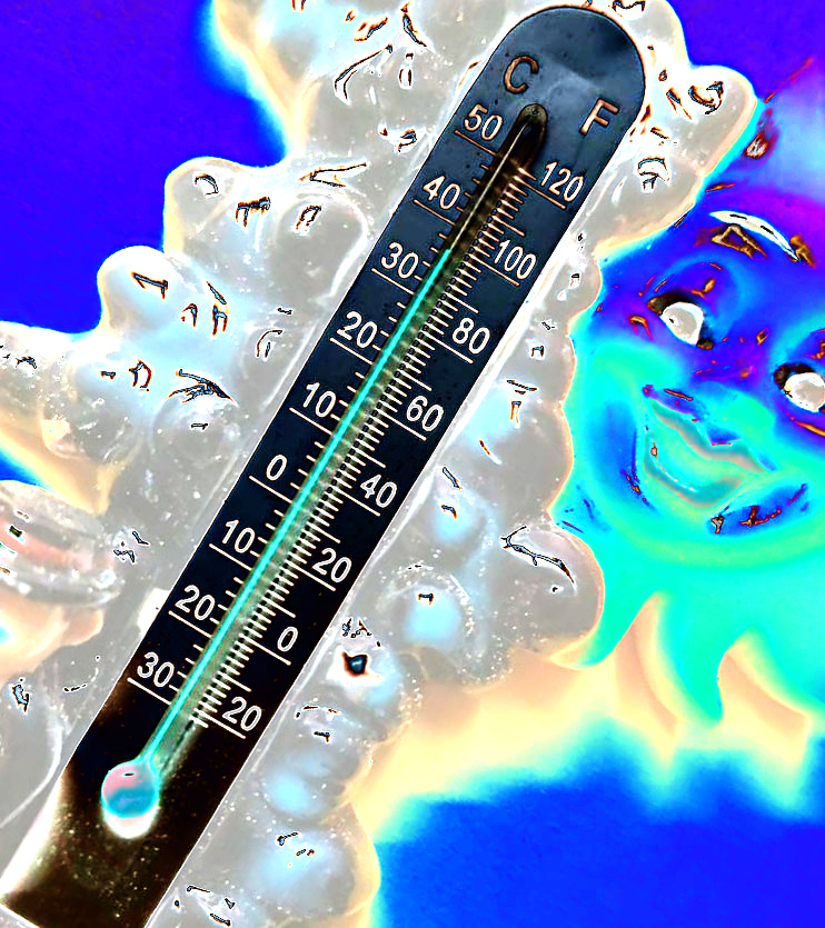 Ein Thermometer zeigt 38 Grad. Darumherum wölbt sich eine Wolke, das wie Eis wirkt. Aus dem Hintergrund sieht ein lachendes Gesicht hervor. Der Hintergrund ist Blau, das Gesicht ist in verschiedenen Blau und Violetttönen und geht ins Weiß über.