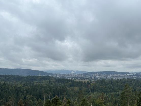 Blick Richtung Üetliberg in den Wolken - die Rauchfahne vorne ist die Kerichtverbrennung Hagenholz