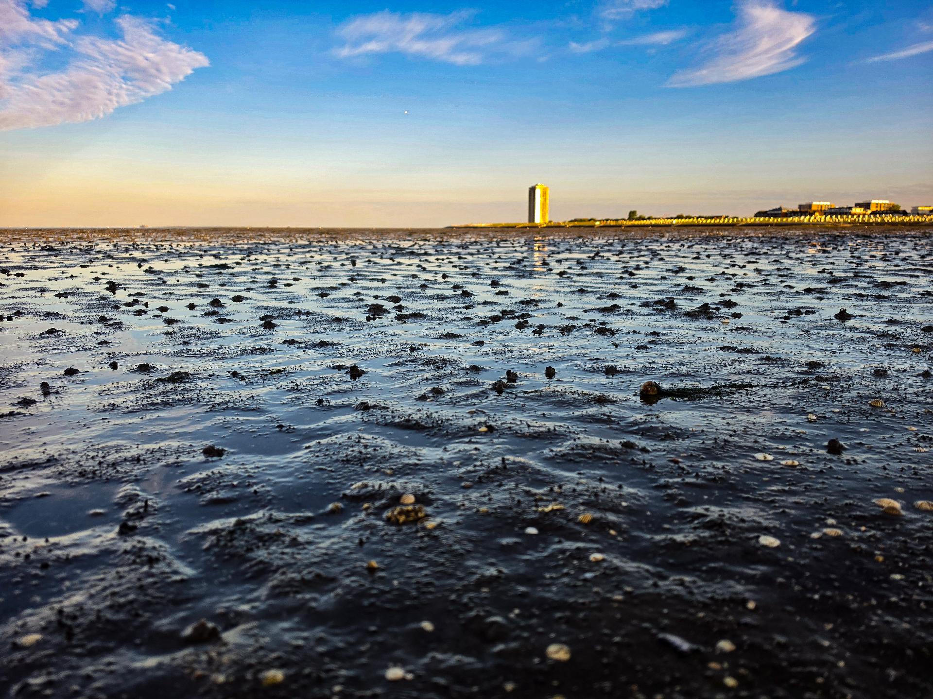 Wattboden bis zum Horizont, an welchem ein Hochhaus steht, unter strahlend blauen Himmel