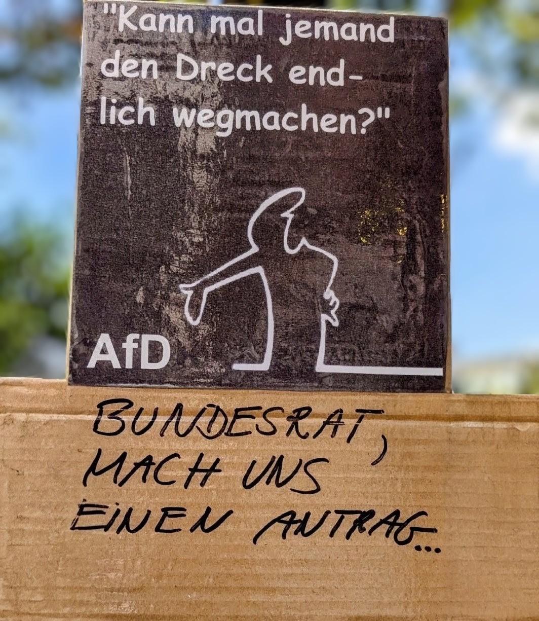 Zwei Pappschilder auf einer Demo, übereinander an einer Stange befestigt. 
Das obere Schild ist braun. Darauf ein Strichmännchen, das anlagend auf den Schriftzug AfD neben sich zeigt. Darüber steht "Kann mal jemand den Dreck wegmachen?"
Darunter ein einfaches Schild aus Karton mit den handschriftlichen Worten : BUNDESRAT, MACH UNS EINEN ANTRAG