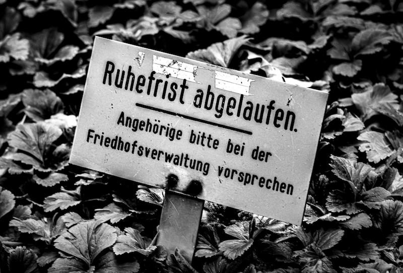 Ein Schild das auf einem Grab stand. "Ruhefrist abgelaufen - Angehörige bitte bei der Friedhofsverwaltung vorsprechen" Das Foto ist in Schwarzweiß.