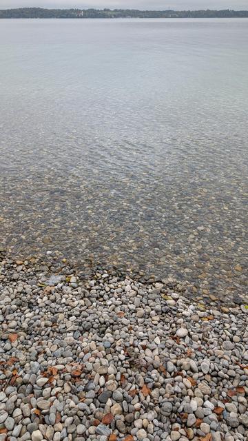 Kiesel am Strand und im klaren Wasser mit Blick über den See